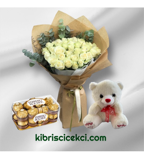 30 Beyaz Gül Buketi Ayıcık 16'lı Ferrero Çikolata